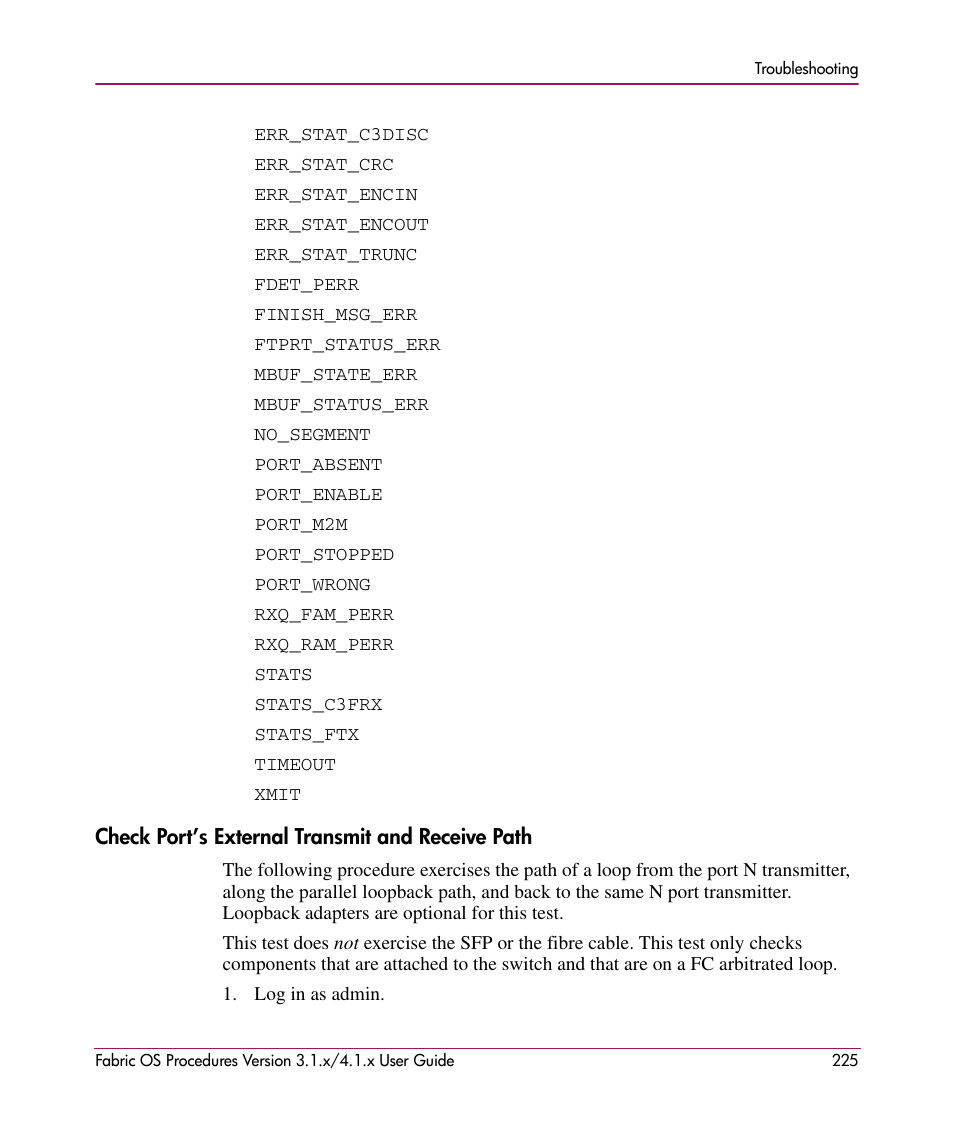 Check port’s external transmit and receive path, Check port’s, External transmit and receive path | Check, Port’s external transmit and receive path | HP StorageWorks MSA 2.8 SAN Switch User Manual | Page 225 / 270