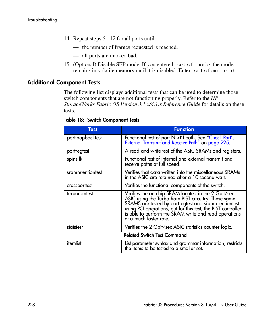 Additional component tests, Table 18: switch component tests, 18 switch component tests | Additional component, Tests | HP StorageWorks MSA 2.8 SAN Switch User Manual | Page 228 / 270