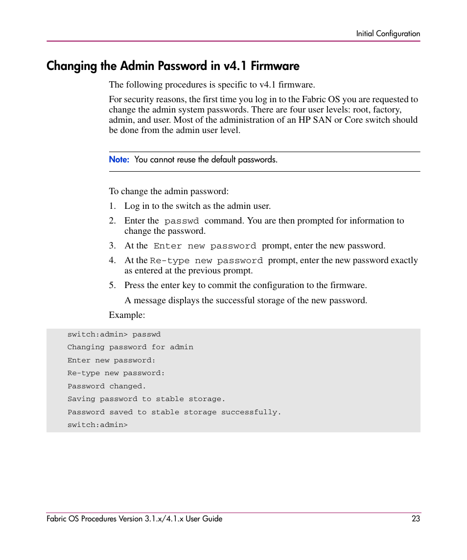 Changing the admin password in v4.1 firmware | HP StorageWorks MSA 2.8 SAN Switch User Manual | Page 23 / 270