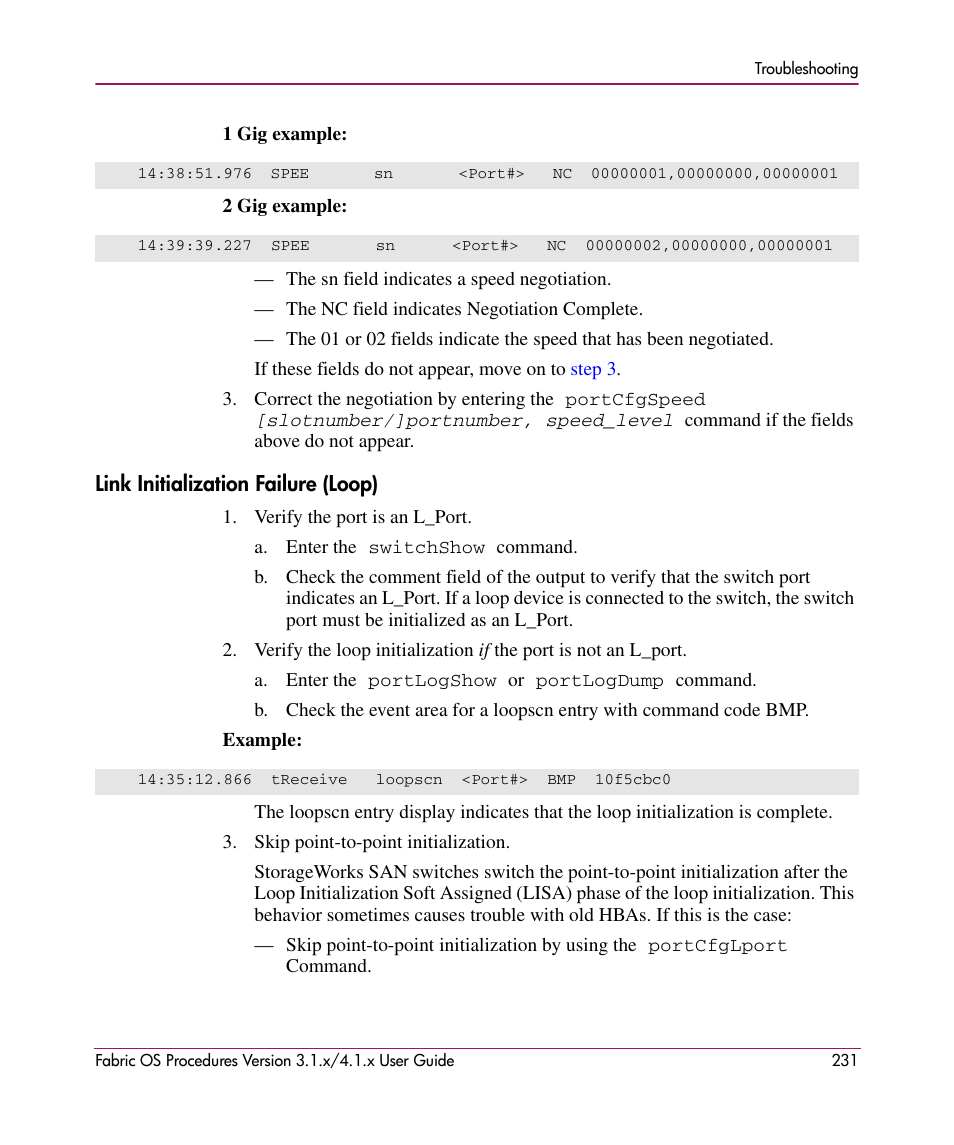 Link initialization failure (loop), Link initialization, Failure (loop) | HP StorageWorks MSA 2.8 SAN Switch User Manual | Page 231 / 270