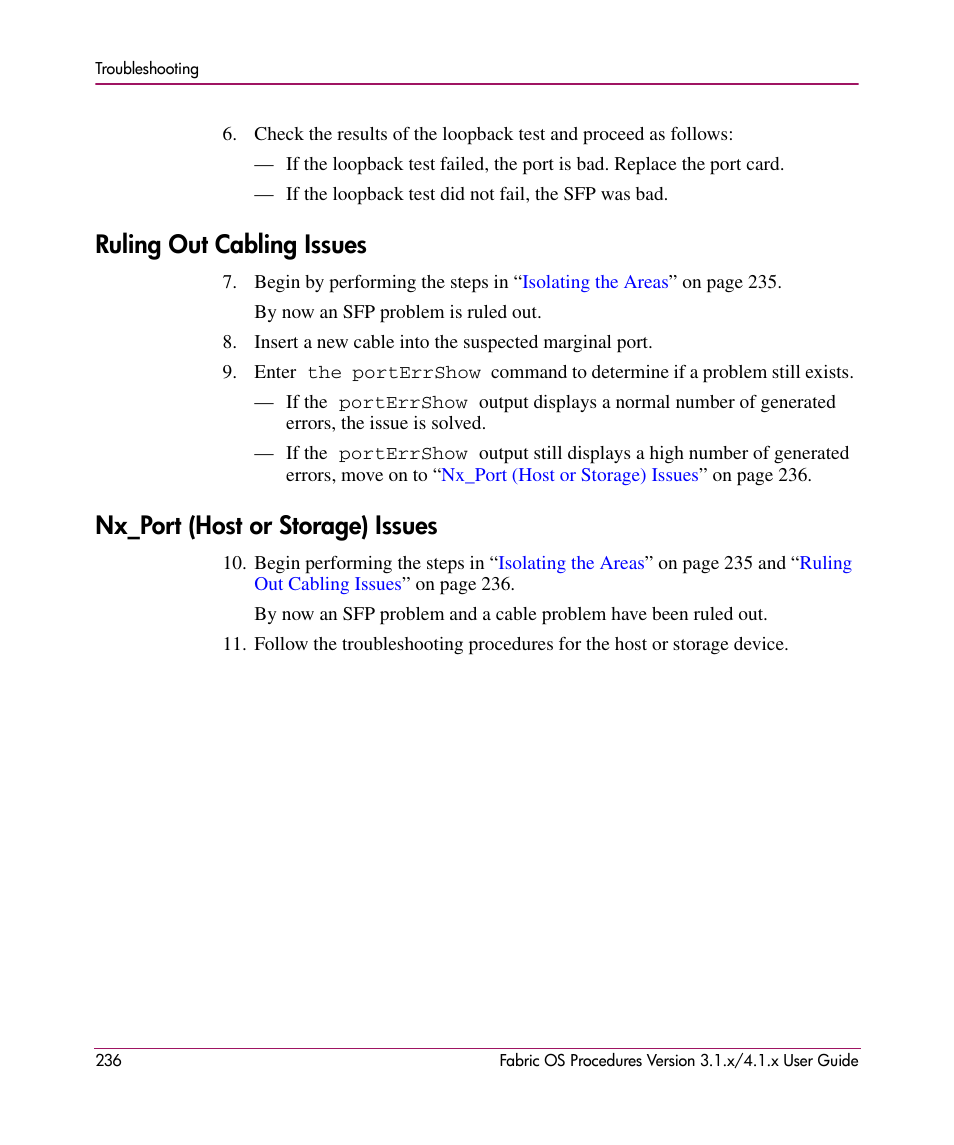 Ruling out cabling issues, Nx_port (host or storage) issues | HP StorageWorks MSA 2.8 SAN Switch User Manual | Page 236 / 270