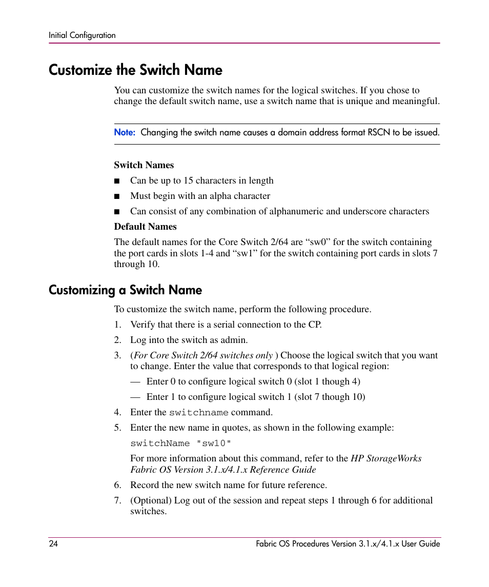 Customize the switch name, Customizing a switch name | HP StorageWorks MSA 2.8 SAN Switch User Manual | Page 24 / 270