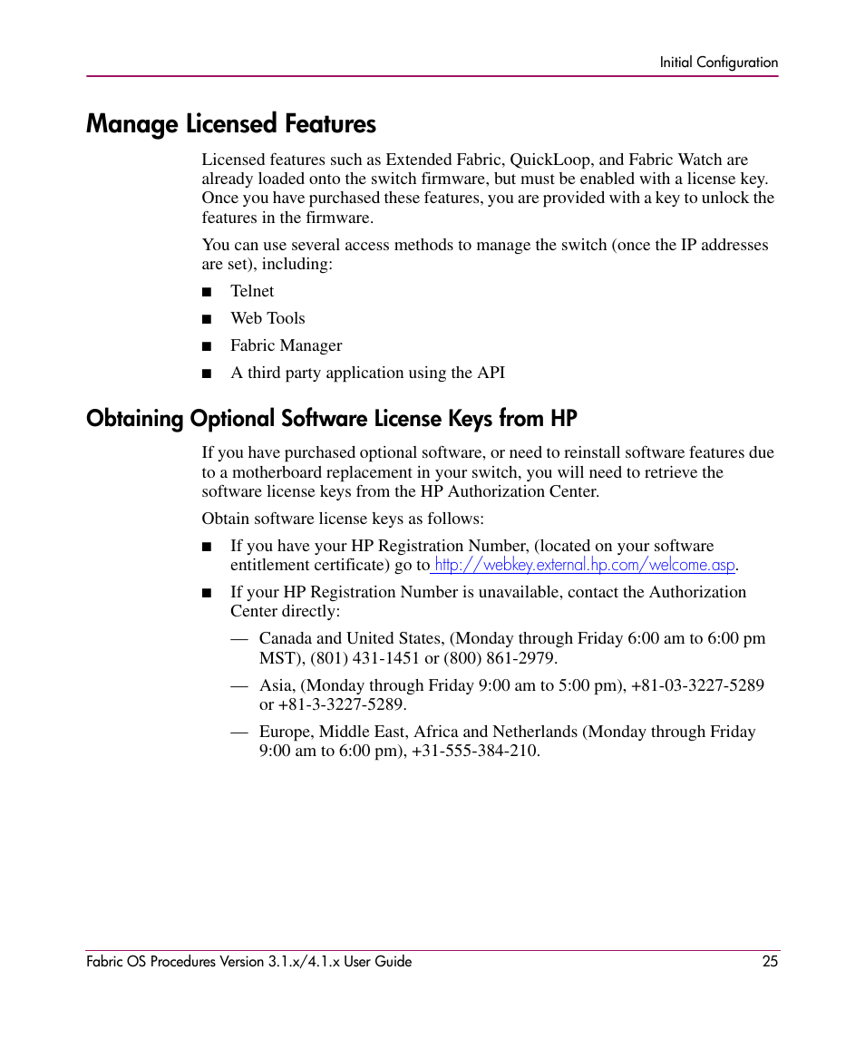 Manage licensed features, Obtaining optional software license keys from hp | HP StorageWorks MSA 2.8 SAN Switch User Manual | Page 25 / 270