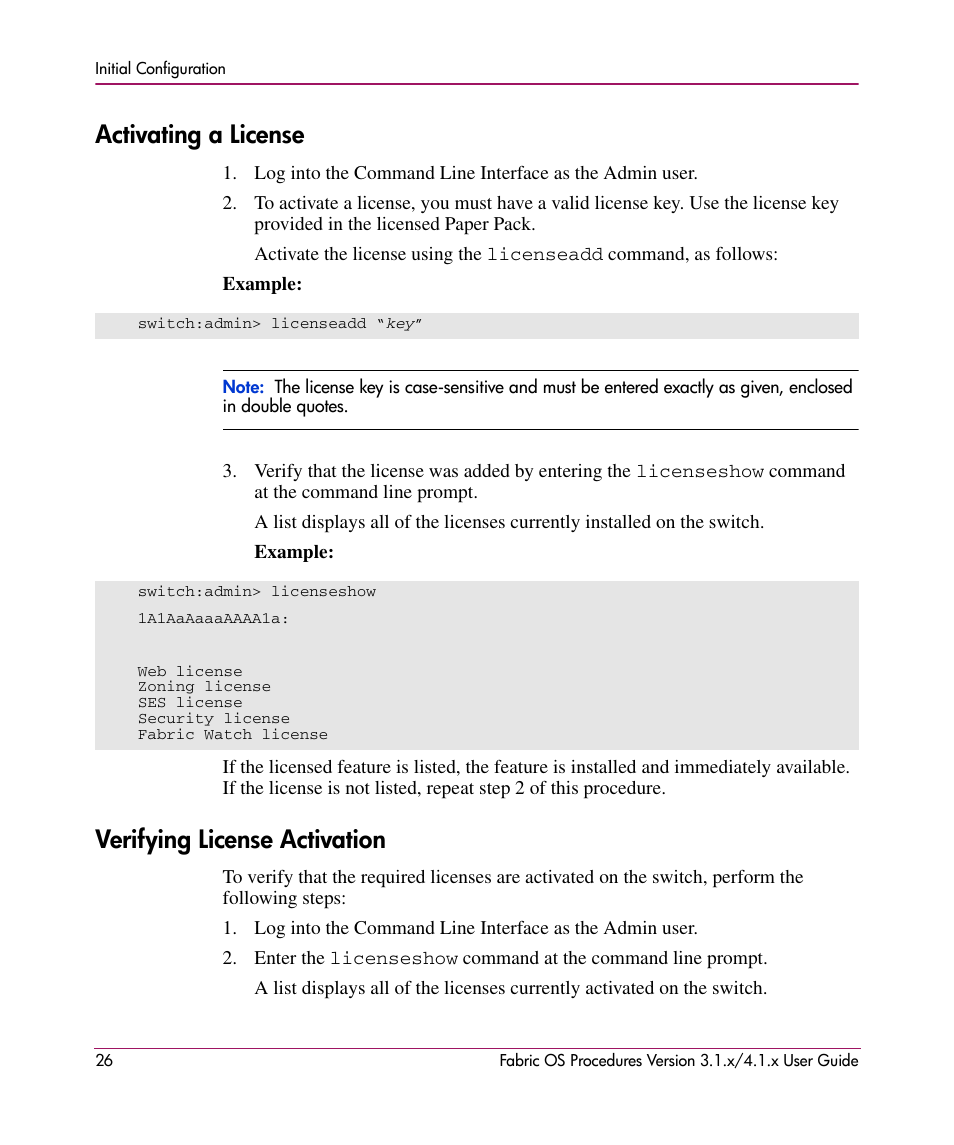 Activating a license, Verifying license activation, Activating a license verifying license activation | HP StorageWorks MSA 2.8 SAN Switch User Manual | Page 26 / 270