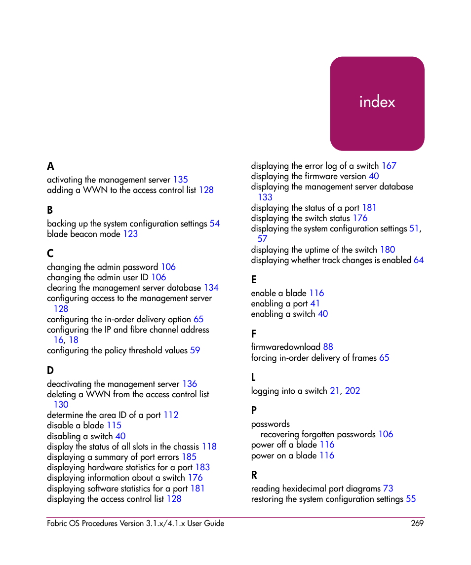 Index, Index index | HP StorageWorks MSA 2.8 SAN Switch User Manual | Page 269 / 270