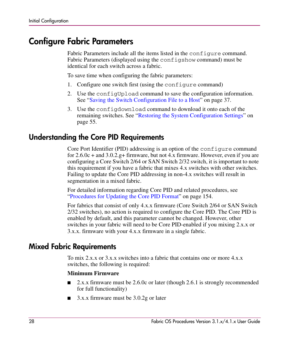 Configure fabric parameters, Understanding the core pid requirements, Mixed fabric requirements | HP StorageWorks MSA 2.8 SAN Switch User Manual | Page 28 / 270