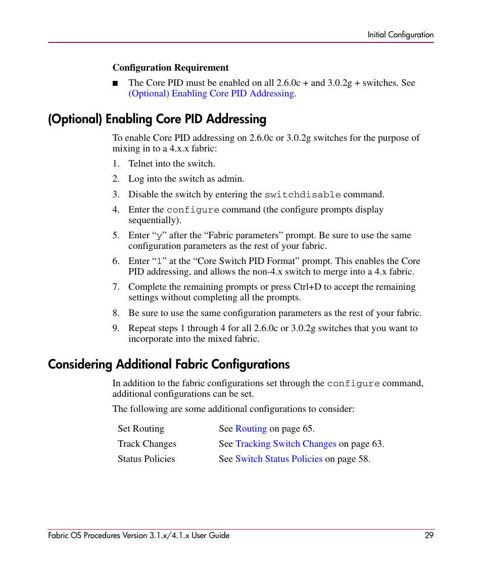 Optional) enabling core pid addressing, Considering additional fabric configurations | HP StorageWorks MSA 2.8 SAN Switch User Manual | Page 29 / 270