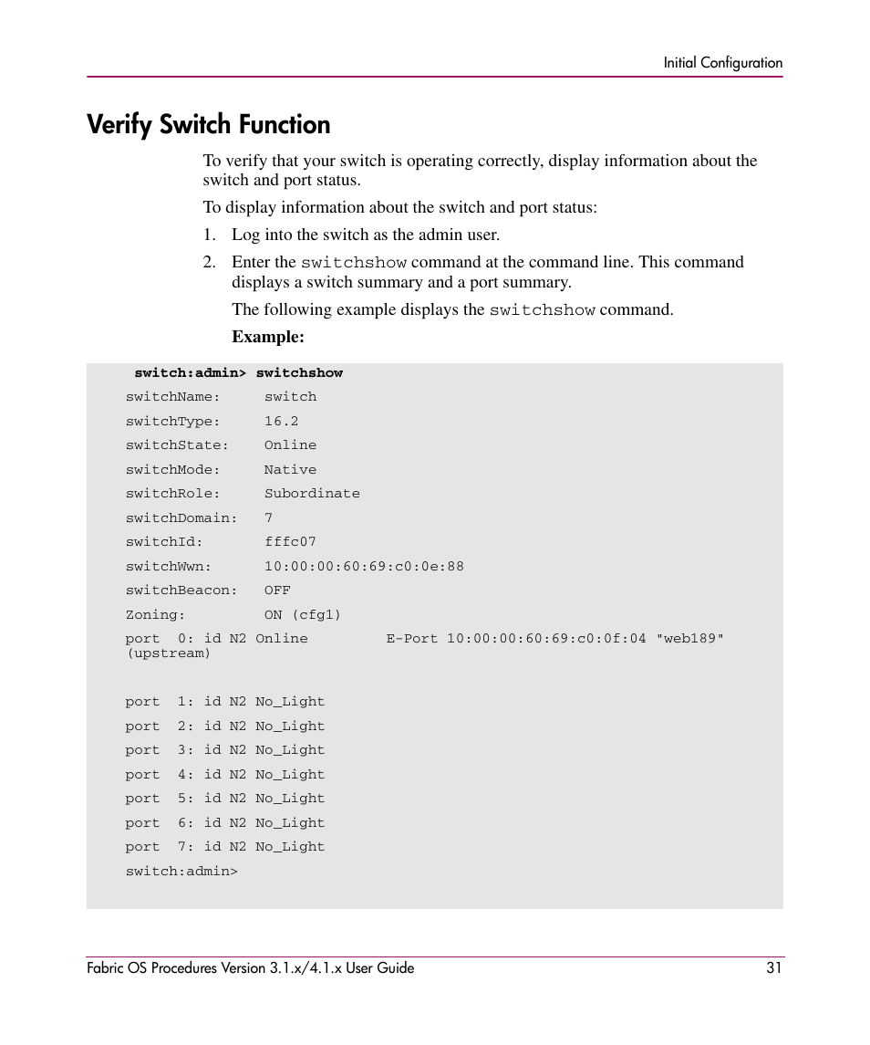 Verify switch function | HP StorageWorks MSA 2.8 SAN Switch User Manual | Page 31 / 270