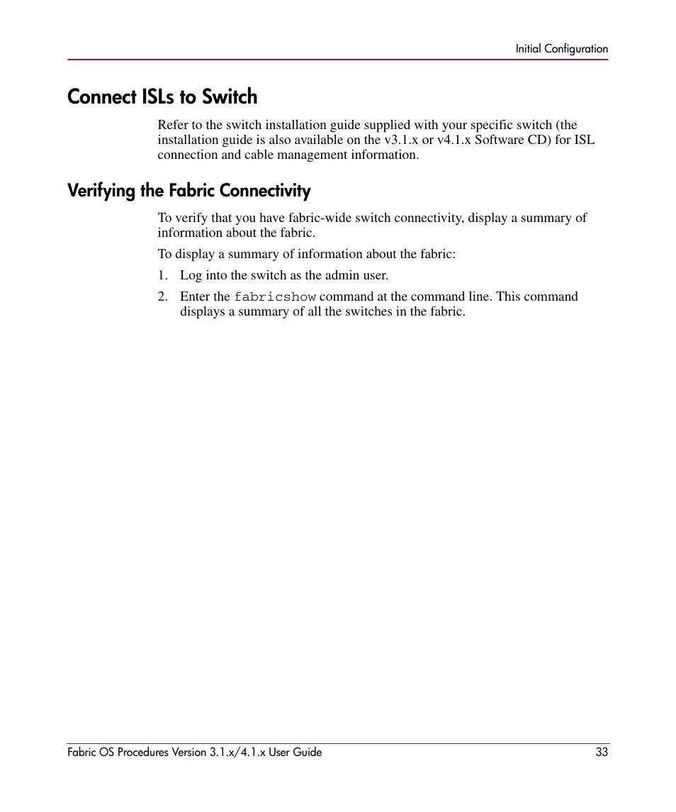 Connect isls to switch, Verifying the fabric connectivity | HP StorageWorks MSA 2.8 SAN Switch User Manual | Page 33 / 270