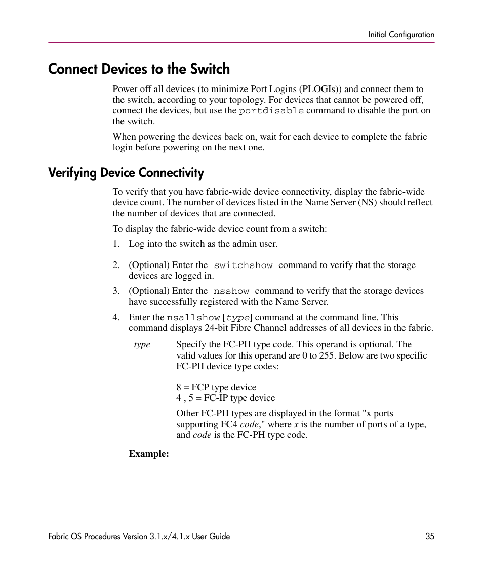 Connect devices to the switch, Verifying device connectivity | HP StorageWorks MSA 2.8 SAN Switch User Manual | Page 35 / 270