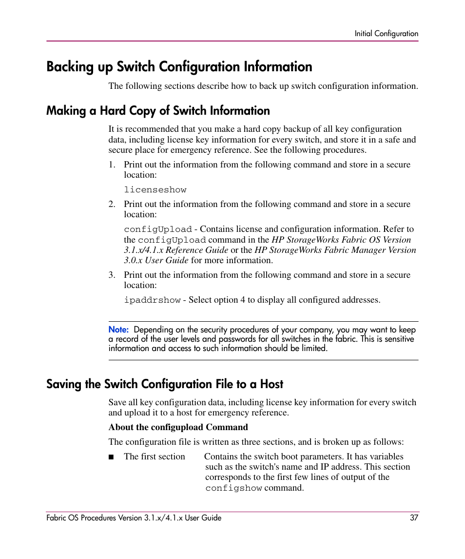 Backing up switch configuration information, Making a hard copy of switch information, Saving the switch configuration file to a host | Saving, The switch configuration file to a host | HP StorageWorks MSA 2.8 SAN Switch User Manual | Page 37 / 270