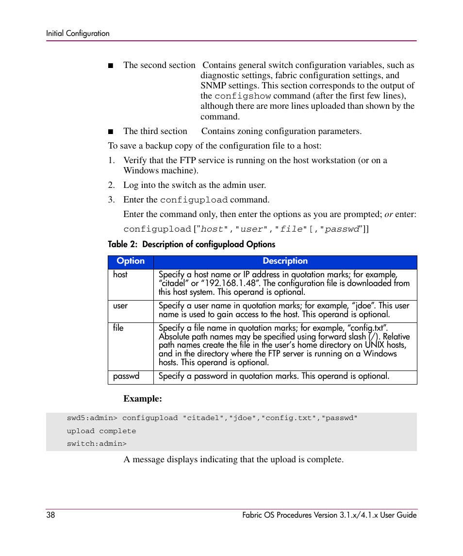 Table 2: description of configupload options, 2 description of configupload options | HP StorageWorks MSA 2.8 SAN Switch User Manual | Page 38 / 270