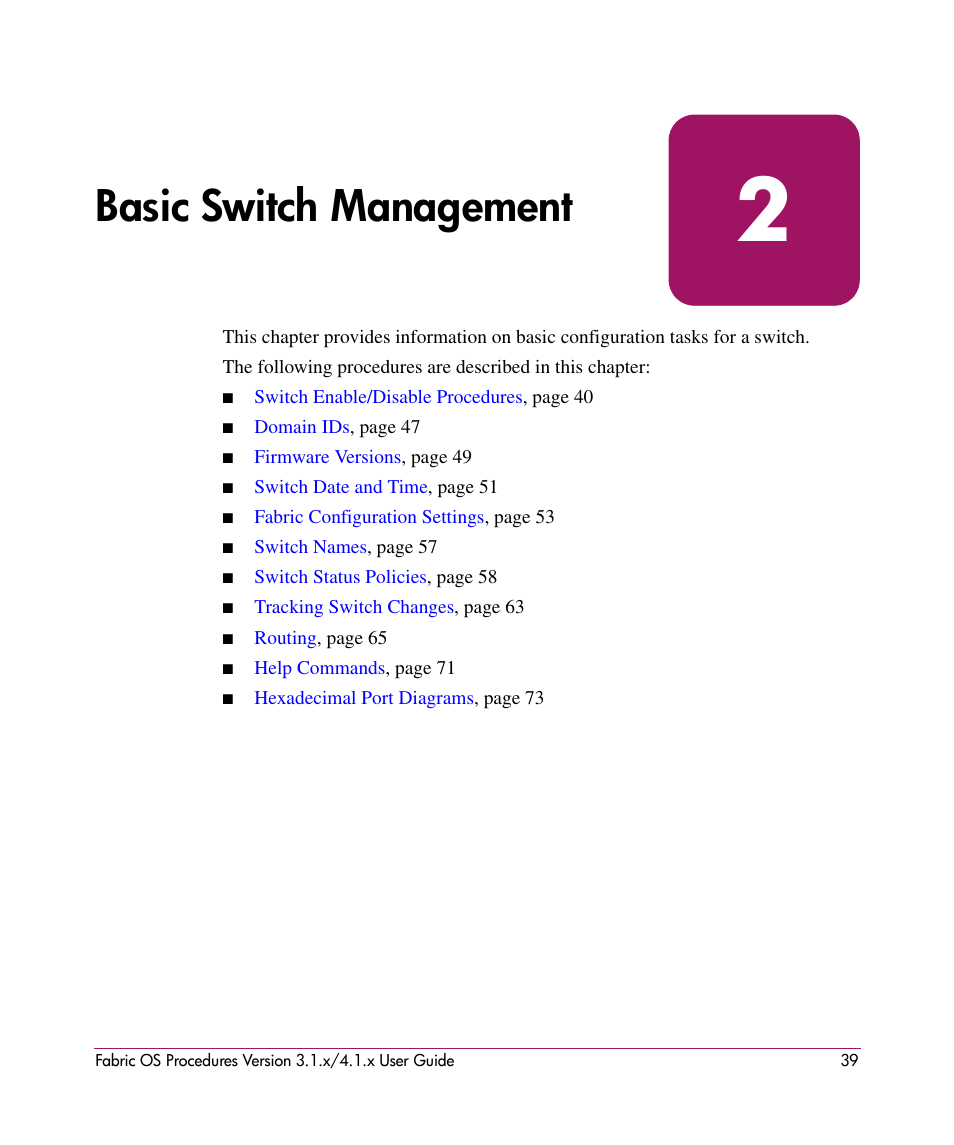 Basic switch management, 2 basic switch management | HP StorageWorks MSA 2.8 SAN Switch User Manual | Page 39 / 270