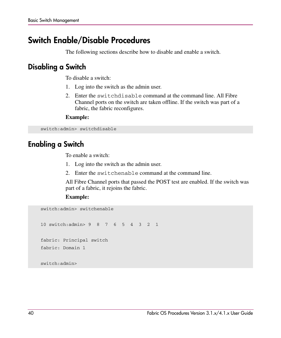 Switch enable/disable procedures, Disabling a switch, Enabling a switch | Disabling a switch enabling a switch | HP StorageWorks MSA 2.8 SAN Switch User Manual | Page 40 / 270