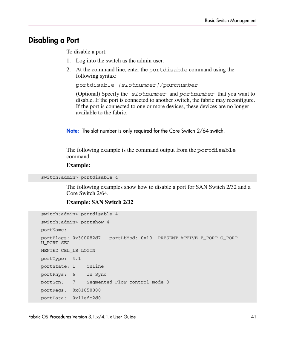 Disabling a port | HP StorageWorks MSA 2.8 SAN Switch User Manual | Page 41 / 270