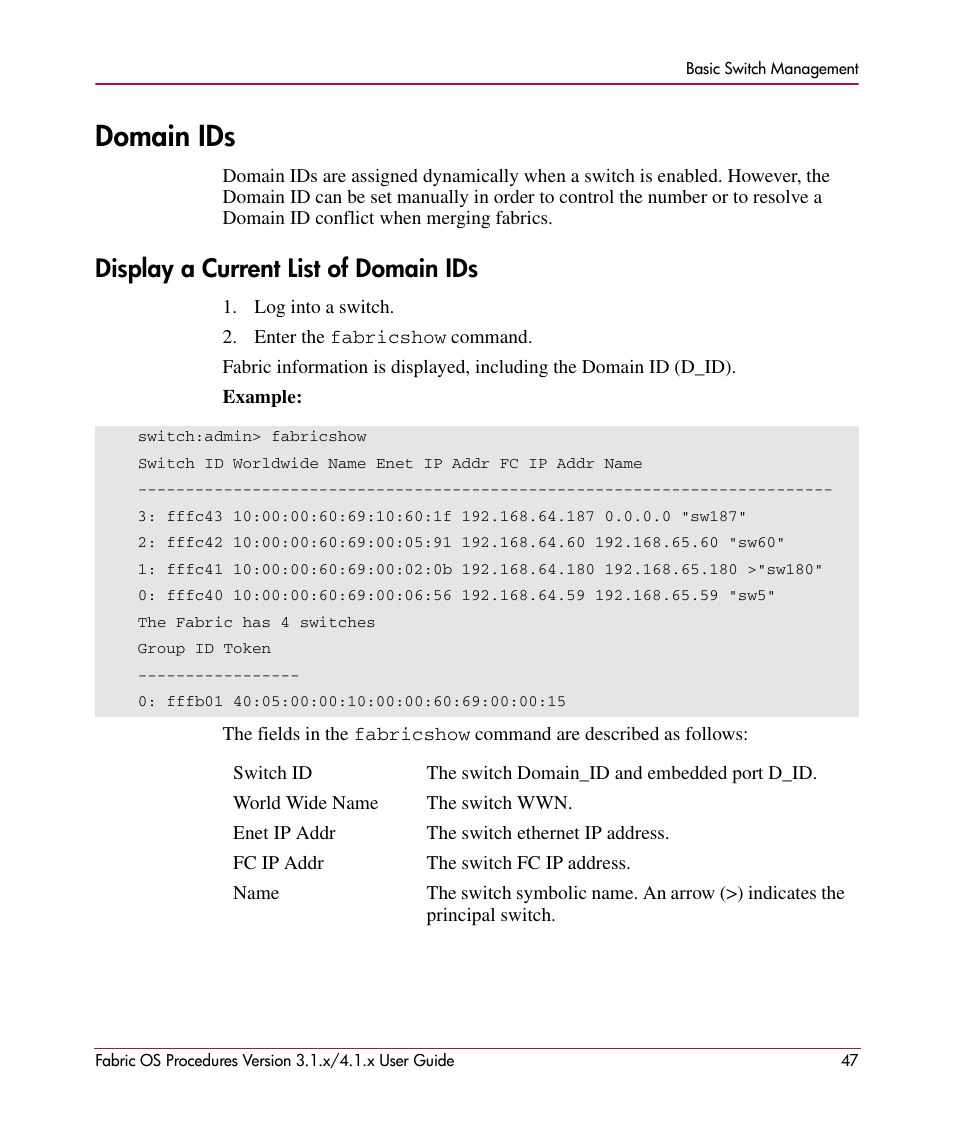 Domain ids, Display a current list of domain ids | HP StorageWorks MSA 2.8 SAN Switch User Manual | Page 47 / 270