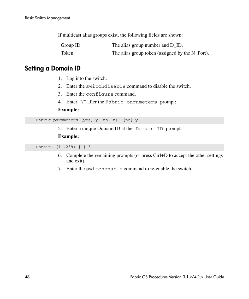 Setting a domain id | HP StorageWorks MSA 2.8 SAN Switch User Manual | Page 48 / 270