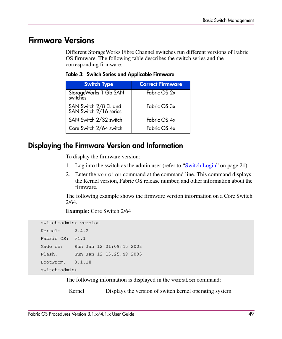 Firmware versions, Table 3: switch series and applicable firmware, Displaying the firmware version and information | 3 switch series and applicable firmware | HP StorageWorks MSA 2.8 SAN Switch User Manual | Page 49 / 270