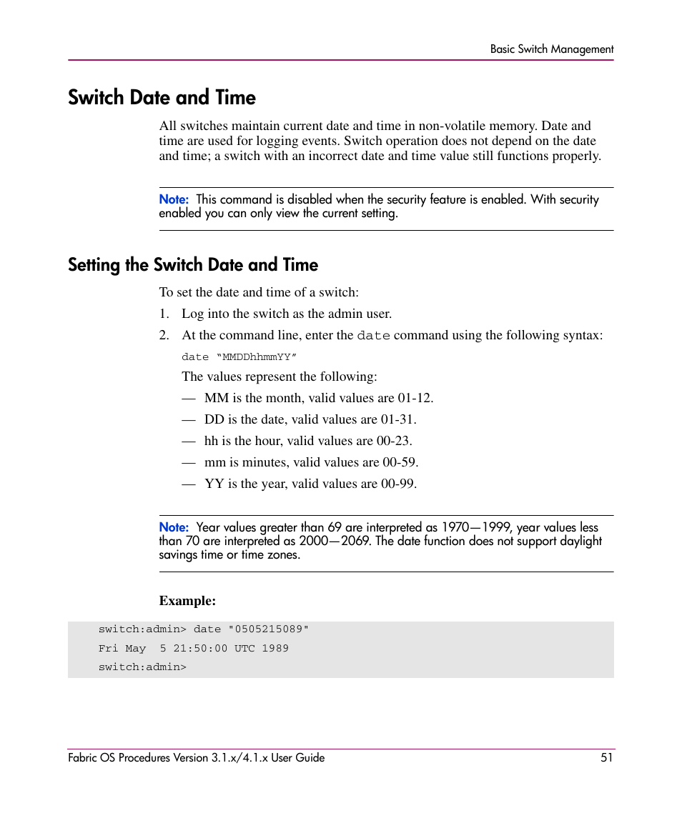 Switch date and time, Setting the switch date and time | HP StorageWorks MSA 2.8 SAN Switch User Manual | Page 51 / 270