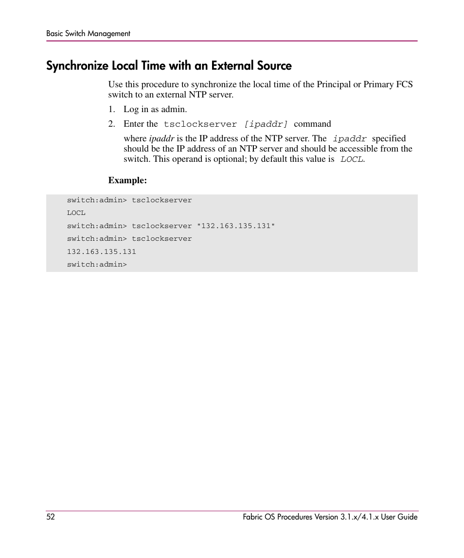 Synchronize local time with an external source | HP StorageWorks MSA 2.8 SAN Switch User Manual | Page 52 / 270