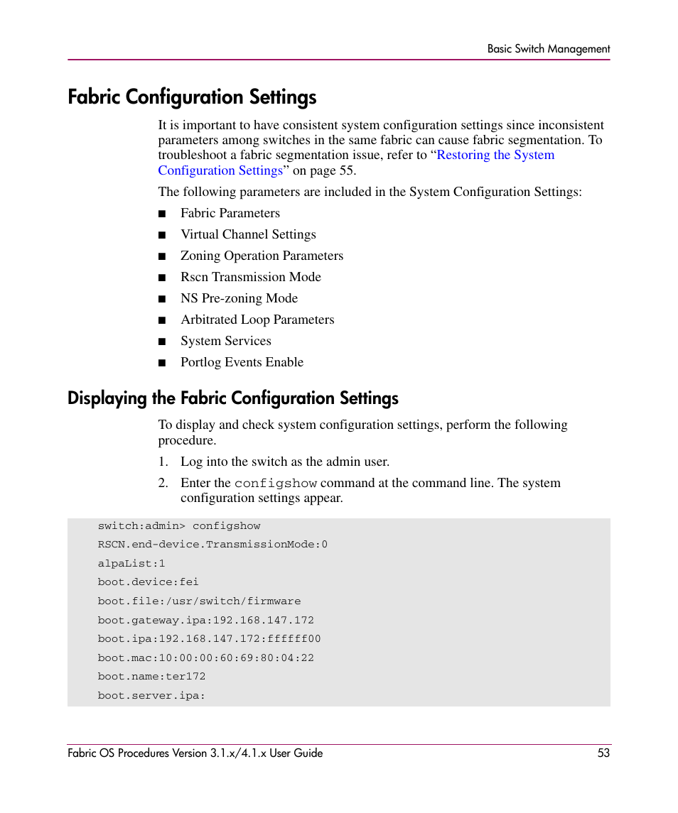 Fabric configuration settings, Displaying the fabric configuration settings | HP StorageWorks MSA 2.8 SAN Switch User Manual | Page 53 / 270