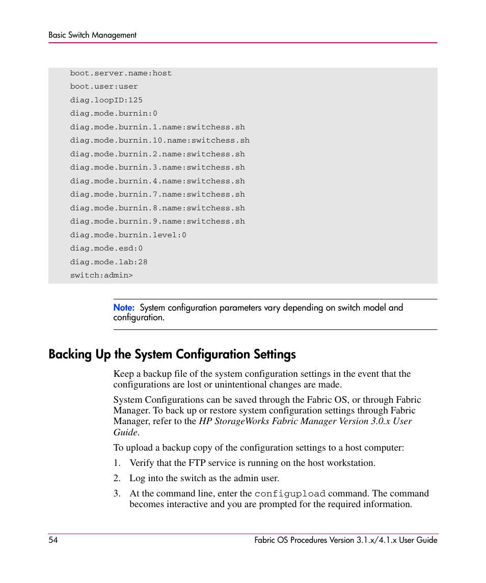 Backing up the system configuration settings | HP StorageWorks MSA 2.8 SAN Switch User Manual | Page 54 / 270