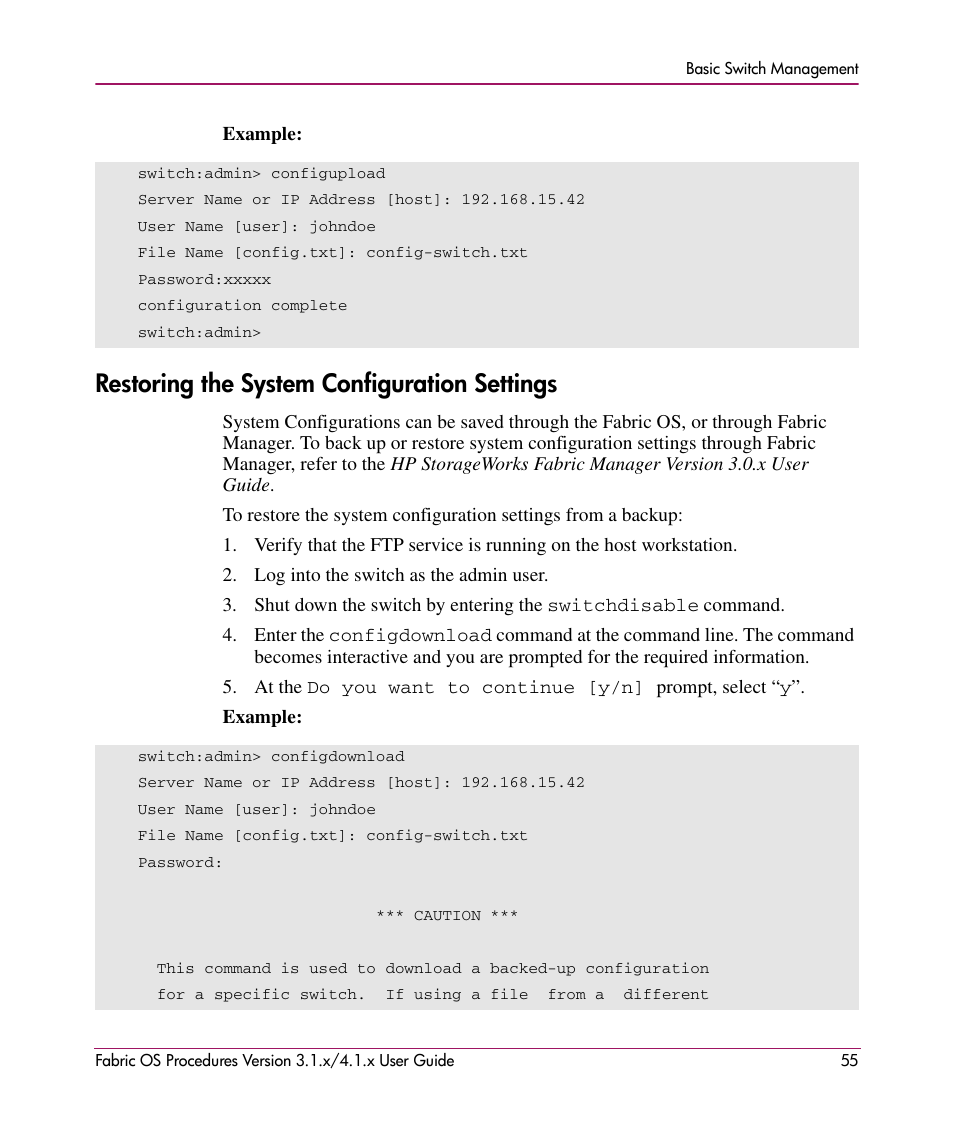 Restoring the system configuration settings, Restoring the system, Configuration settings | HP StorageWorks MSA 2.8 SAN Switch User Manual | Page 55 / 270