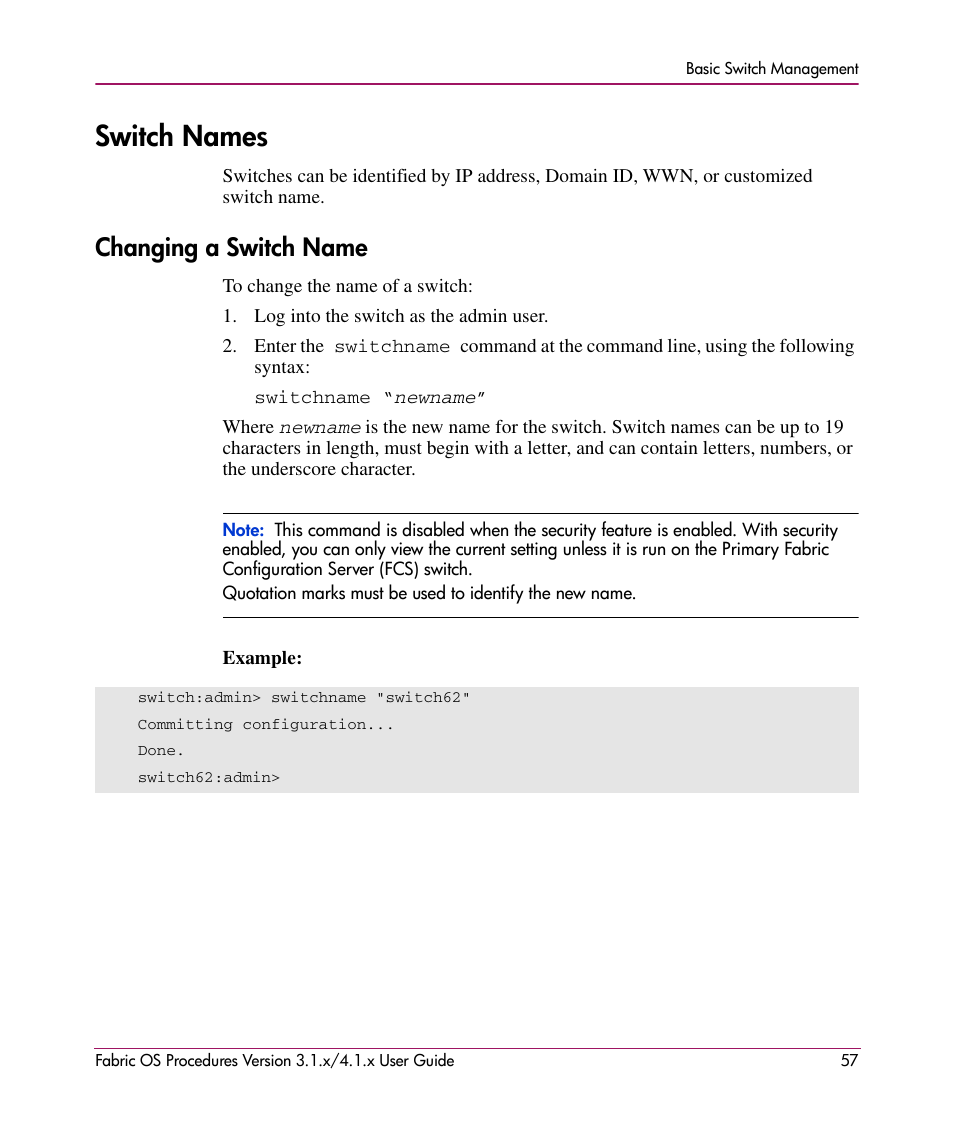 Switch names, Changing a switch name | HP StorageWorks MSA 2.8 SAN Switch User Manual | Page 57 / 270