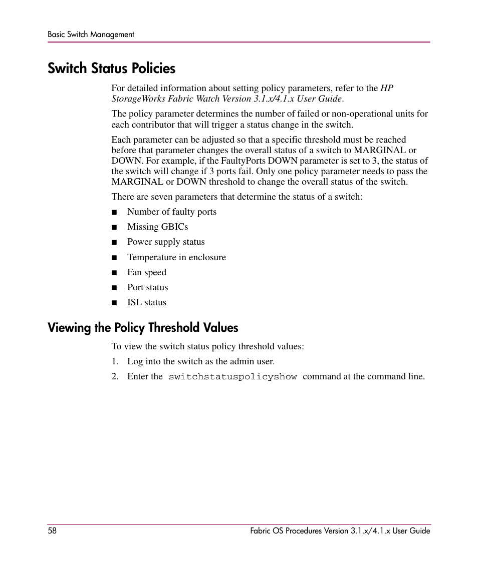 Switch status policies, Viewing the policy threshold values | HP StorageWorks MSA 2.8 SAN Switch User Manual | Page 58 / 270