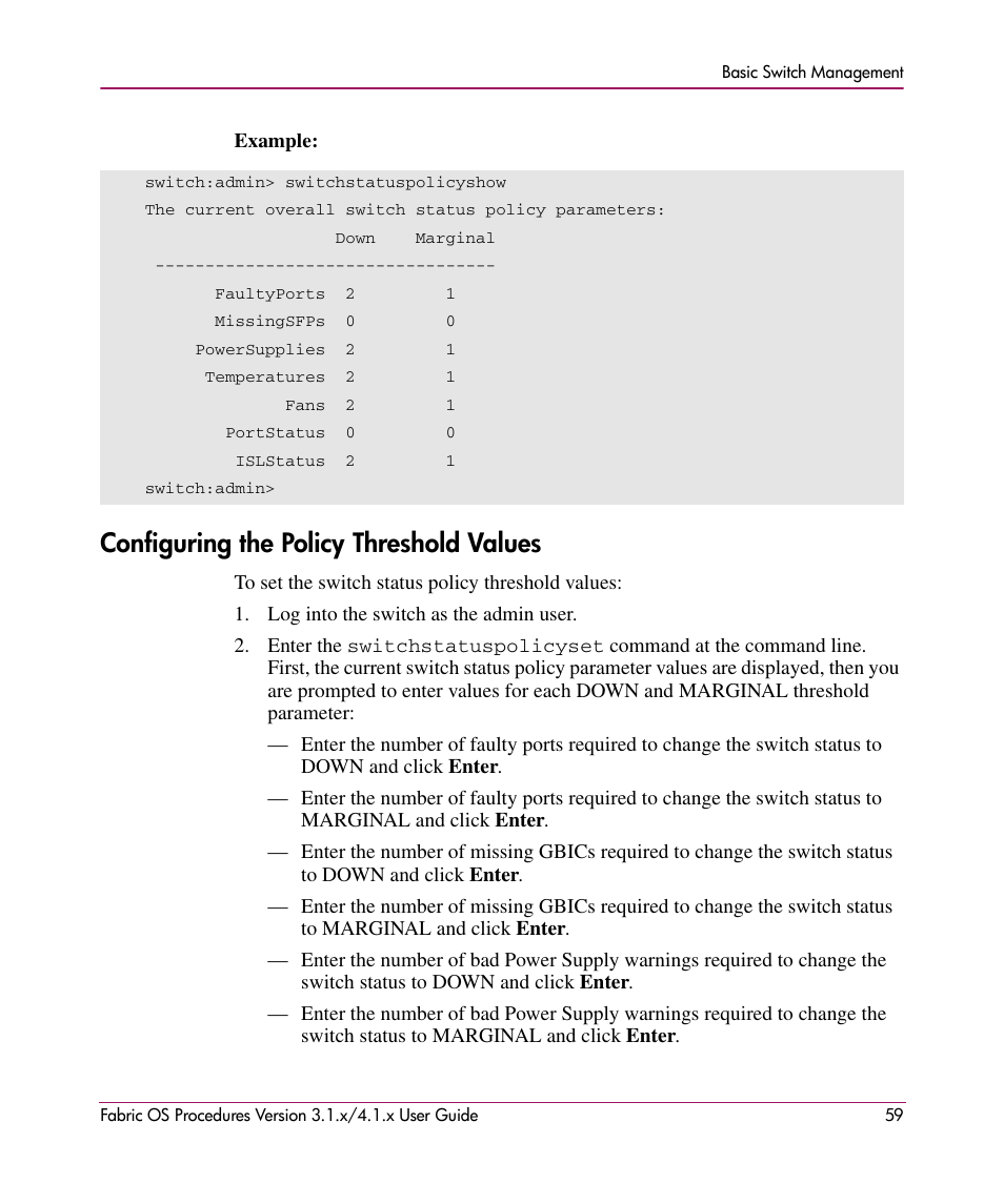 Configuring the policy threshold values | HP StorageWorks MSA 2.8 SAN Switch User Manual | Page 59 / 270