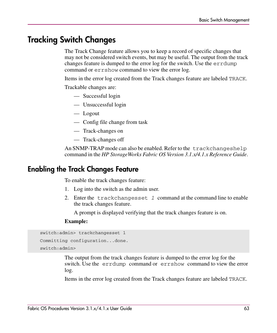 Tracking switch changes, Enabling the track changes feature | HP StorageWorks MSA 2.8 SAN Switch User Manual | Page 63 / 270