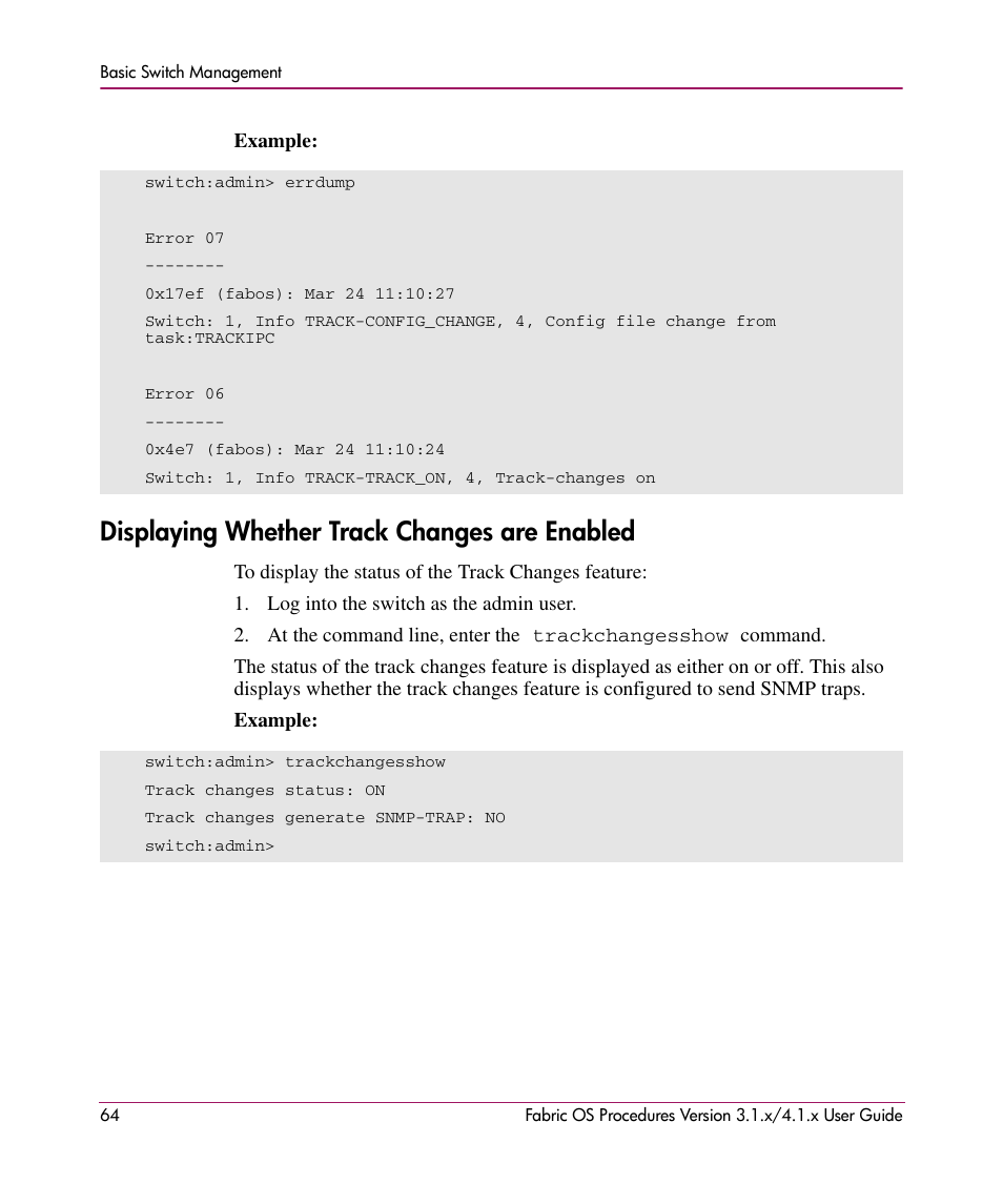 Displaying whether track changes are enabled | HP StorageWorks MSA 2.8 SAN Switch User Manual | Page 64 / 270