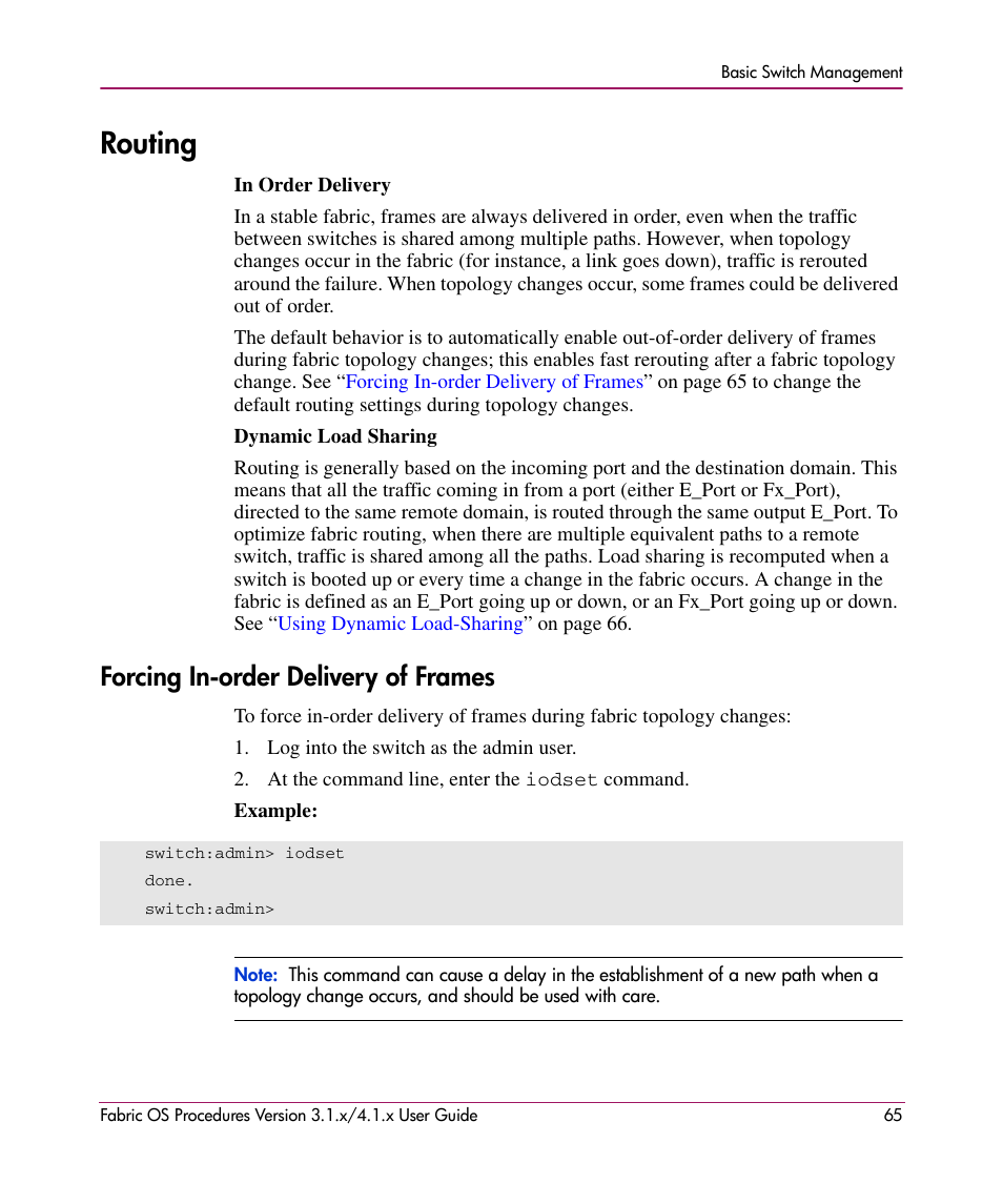 Routing, Forcing in-order delivery of frames | HP StorageWorks MSA 2.8 SAN Switch User Manual | Page 65 / 270