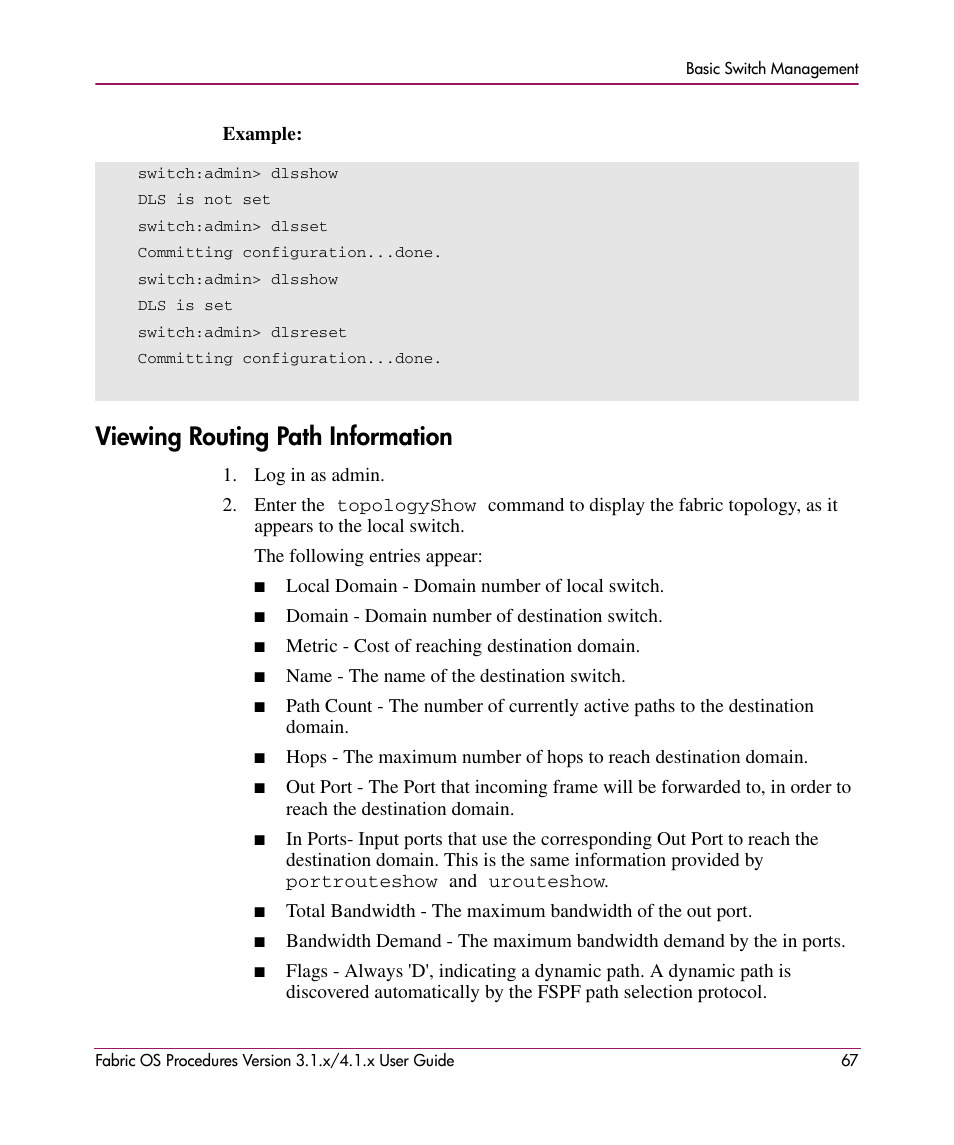 Viewing routing path information | HP StorageWorks MSA 2.8 SAN Switch User Manual | Page 67 / 270