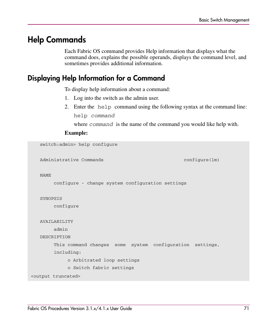 Help commands, Displaying help information for a command | HP StorageWorks MSA 2.8 SAN Switch User Manual | Page 71 / 270