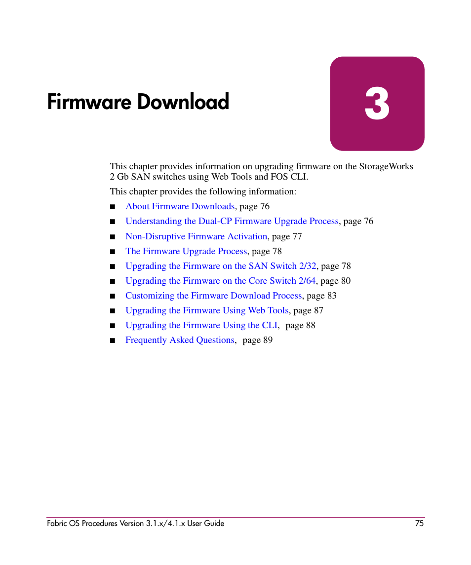 Firmware download, 3 firmware download | HP StorageWorks MSA 2.8 SAN Switch User Manual | Page 75 / 270