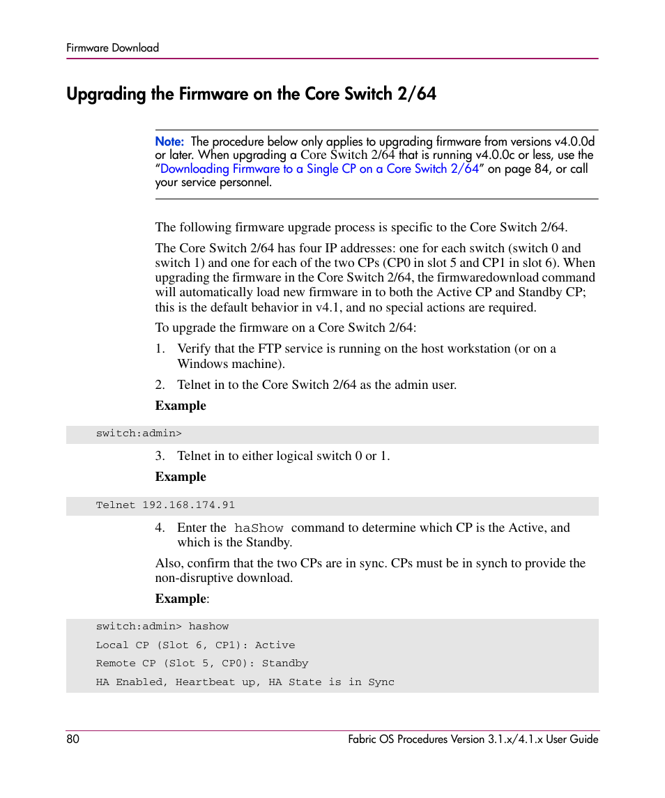 Upgrading the firmware on the core switch 2/64 | HP StorageWorks MSA 2.8 SAN Switch User Manual | Page 80 / 270