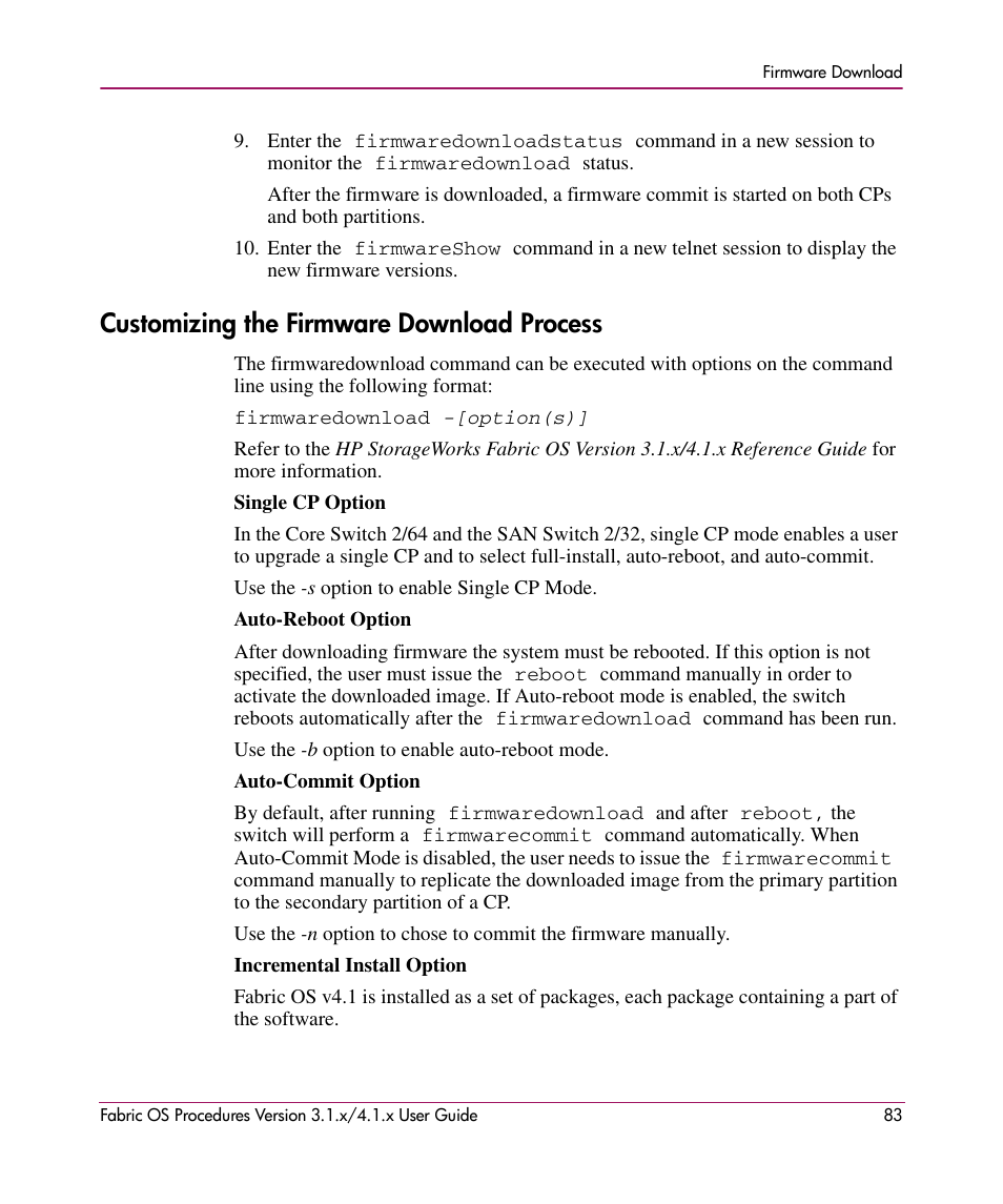 Customizing the firmware download process | HP StorageWorks MSA 2.8 SAN Switch User Manual | Page 83 / 270