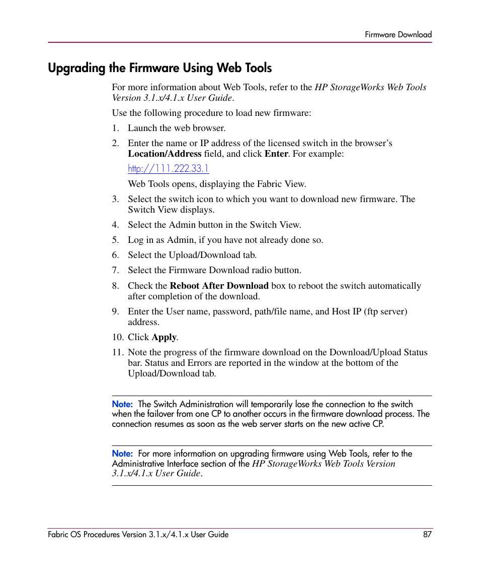 Upgrading the firmware using web tools | HP StorageWorks MSA 2.8 SAN Switch User Manual | Page 87 / 270