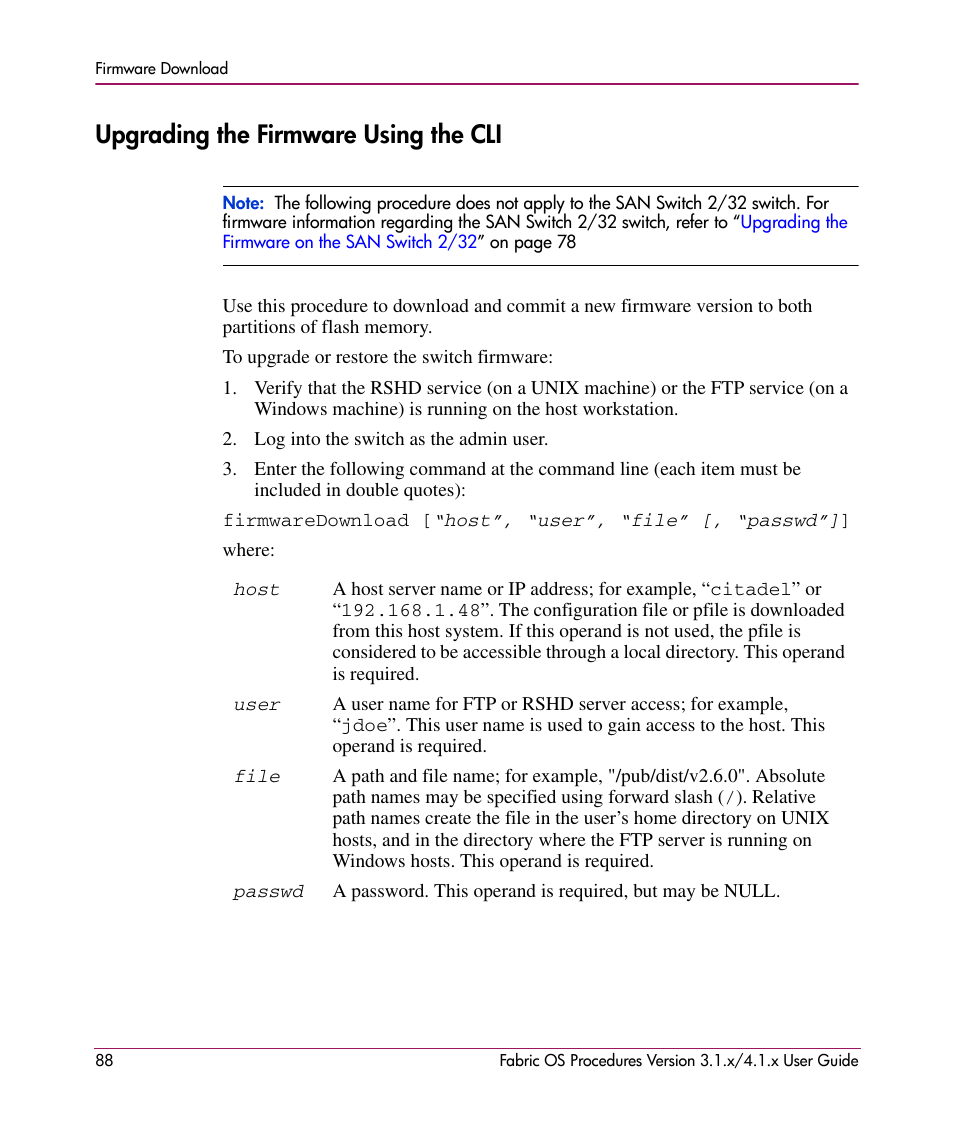 Upgrading the firmware using the cli, Options are used. refer to | HP StorageWorks MSA 2.8 SAN Switch User Manual | Page 88 / 270