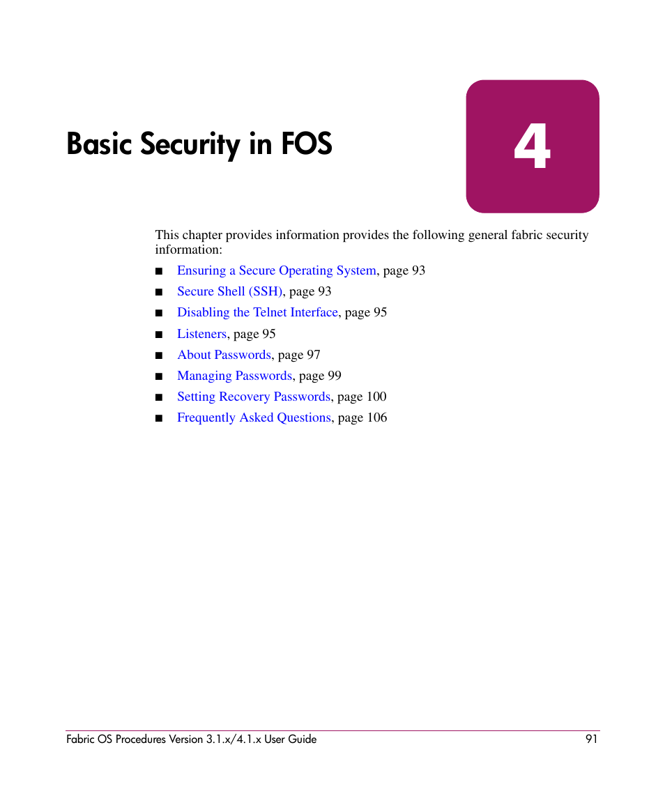 Basic security in fos, 4 basic security in fos | HP StorageWorks MSA 2.8 SAN Switch User Manual | Page 91 / 270