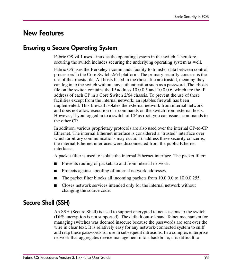 New features, Ensuring a secure operating system, Secure shell (ssh) | HP StorageWorks MSA 2.8 SAN Switch User Manual | Page 93 / 270