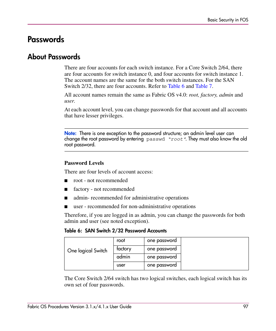 Passwords, About passwords, Table 6: san switch 2/32 password accounts | 6 san switch 2/32 password accounts | HP StorageWorks MSA 2.8 SAN Switch User Manual | Page 97 / 270