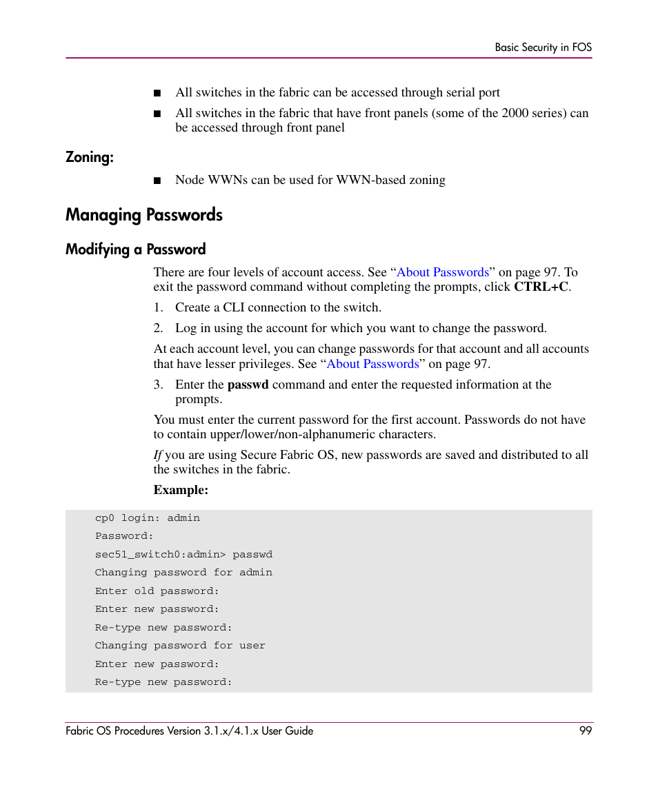 Zoning, Managing passwords, Modifying a password | HP StorageWorks MSA 2.8 SAN Switch User Manual | Page 99 / 270