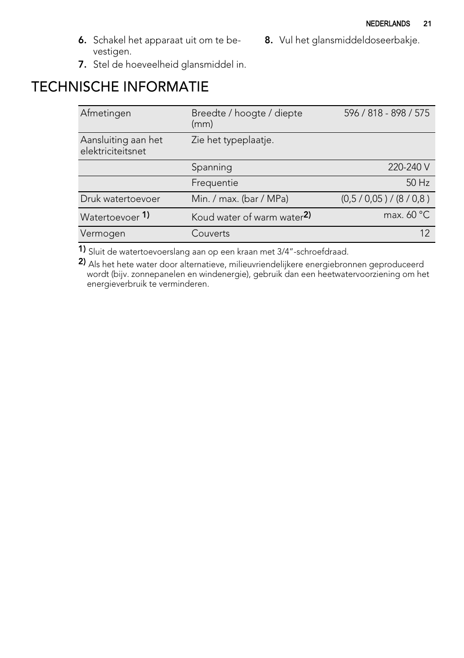 Technische informatie | AEG F65000IW0P User Manual | Page 21 / 84