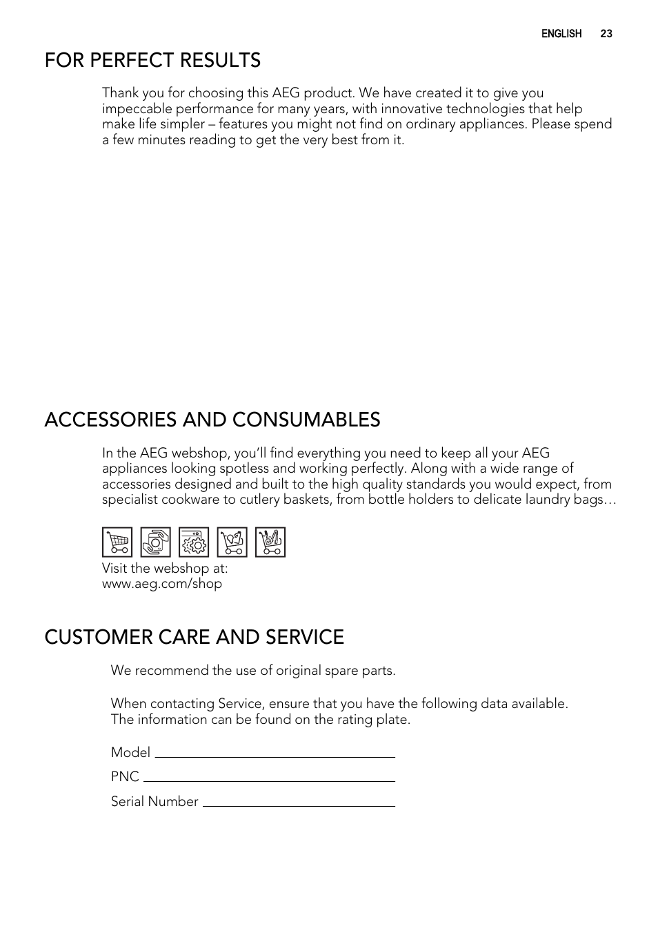 For perfect results, Accessories and consumables, Customer care and service | AEG F65000IW0P User Manual | Page 23 / 84