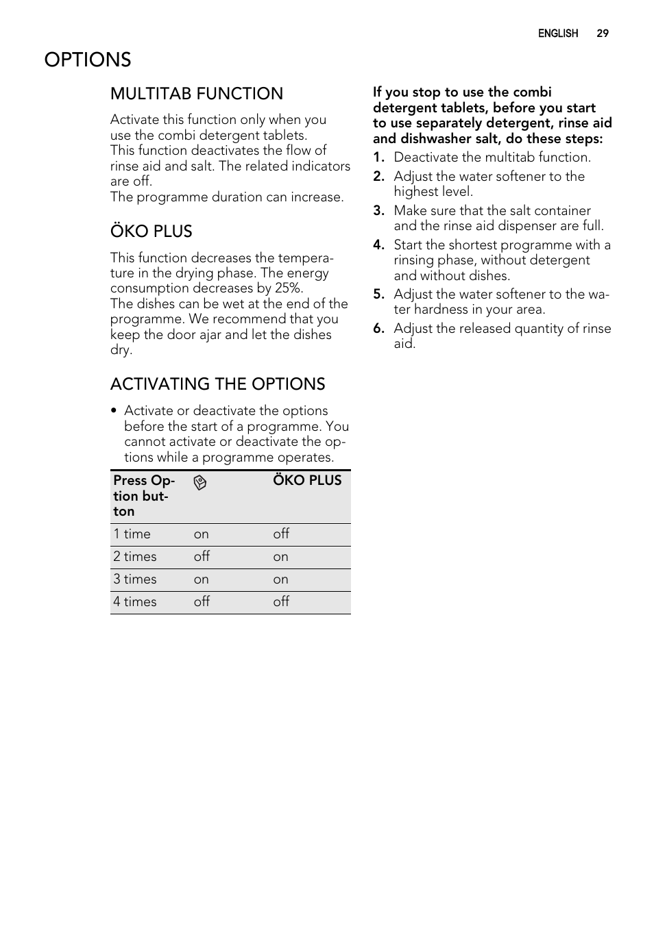 Options, Multitab function, Öko plus | Activating the options | AEG F65000IW0P User Manual | Page 29 / 84