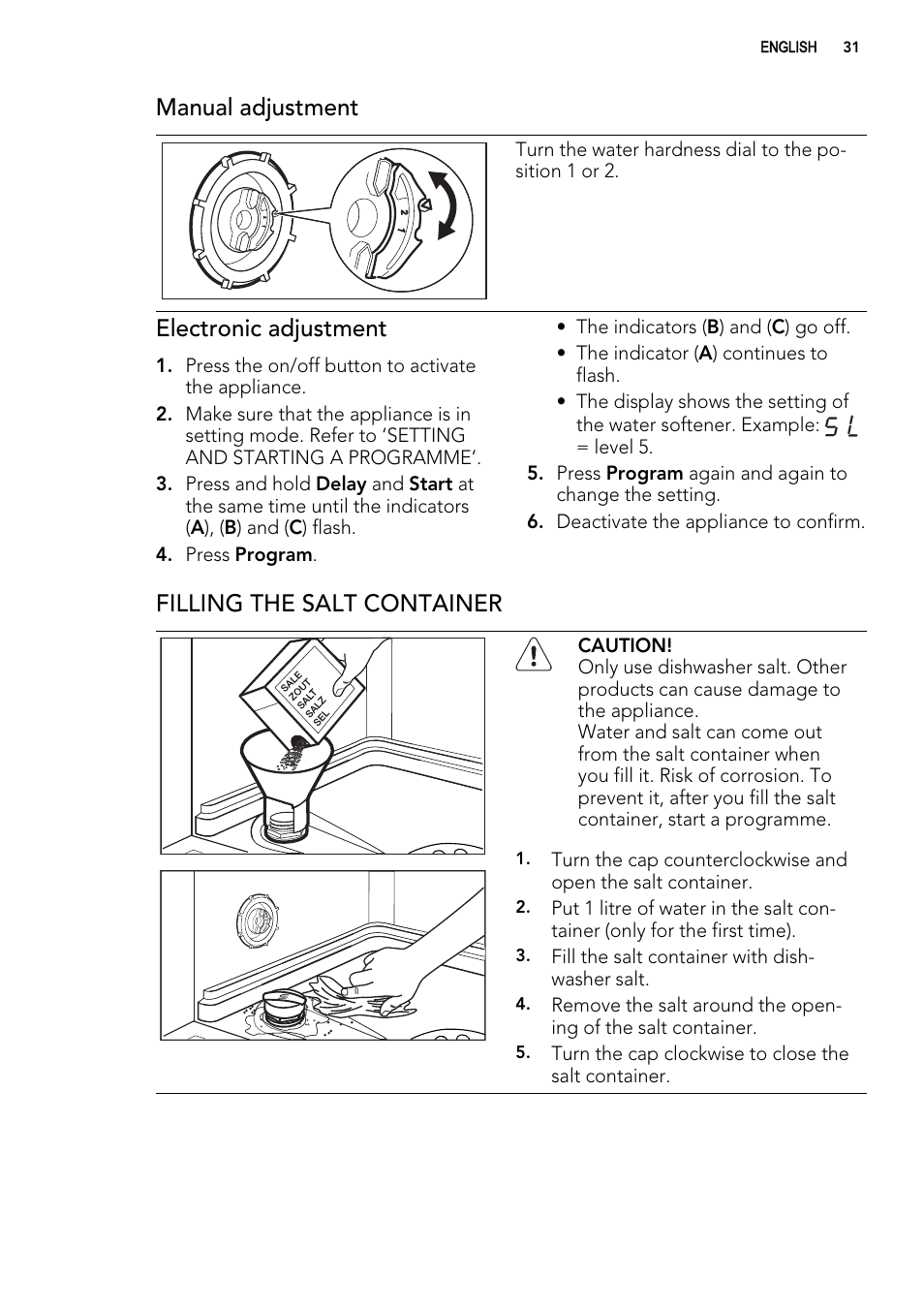 Manual adjustment, Electronic adjustment, Filling the salt container | AEG F65000IW0P User Manual | Page 31 / 84