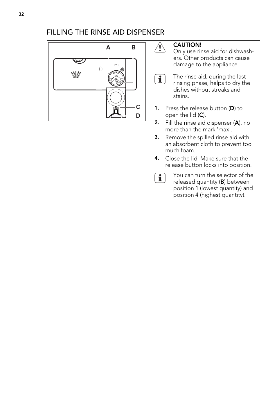 Filling the rinse aid dispenser | AEG F65000IW0P User Manual | Page 32 / 84