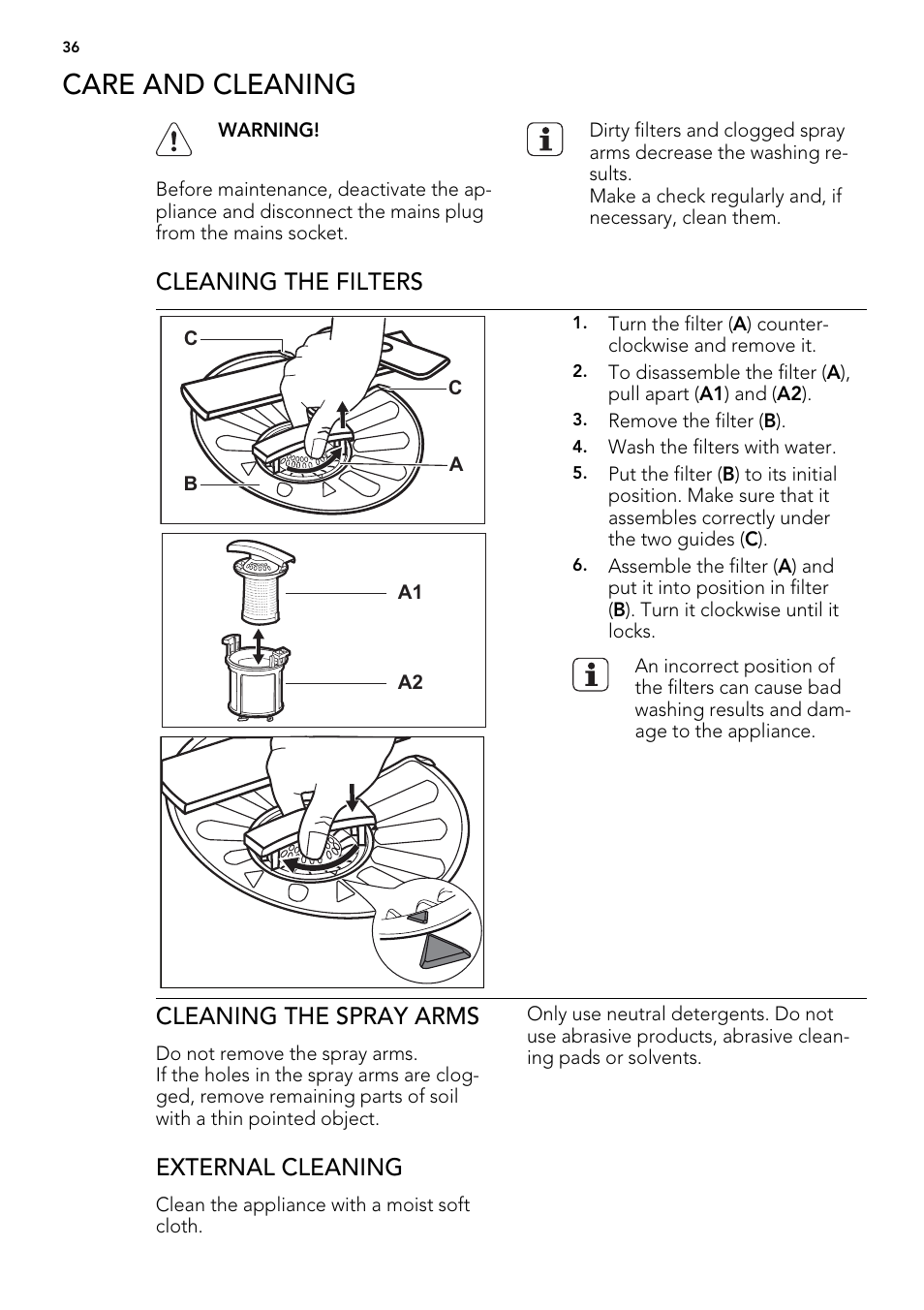 Care and cleaning, Cleaning the filters, Cleaning the spray arms | External cleaning | AEG F65000IW0P User Manual | Page 36 / 84